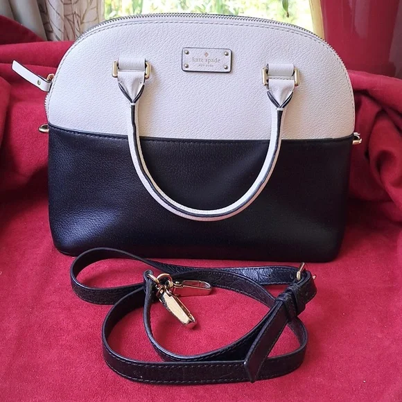 SOLD Kate Spade Soft White/ Black Pebble Leather Satchel/Crossbody EC - Picture 1 of 16
